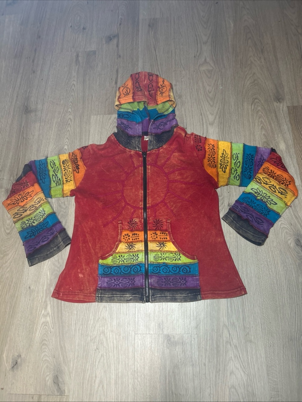 Greater Good Network Hoodie Full Zip Red Rainbow Patchwork Embroidered Size S/M